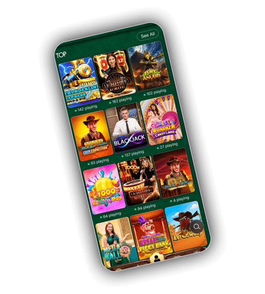 NightLuck Casino game lobby grid with Thunderline Express, Lightning Roulette, Fury of Anubis and top live tables