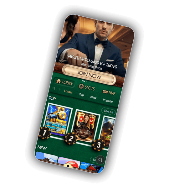 NightLuck Casino lobby with 805% up to 6400 EUR welcome pack banner and top slot tiles