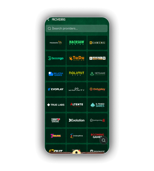 NightLuck Casino Game Providers grid with Pragmatic Play, Evolution, Hacksaw Gaming, BGaming and Spinomenal logos