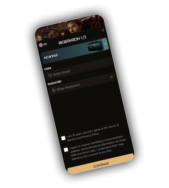 NightLuck Casino registration screen with age verification, responsible gambling checkbox and account setup